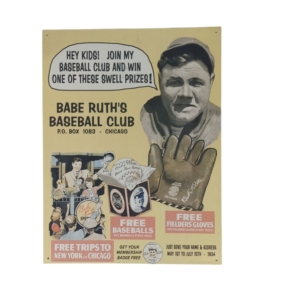 Vintage Babe Ruth Baseball Tin Memorabilia Sign 1995
